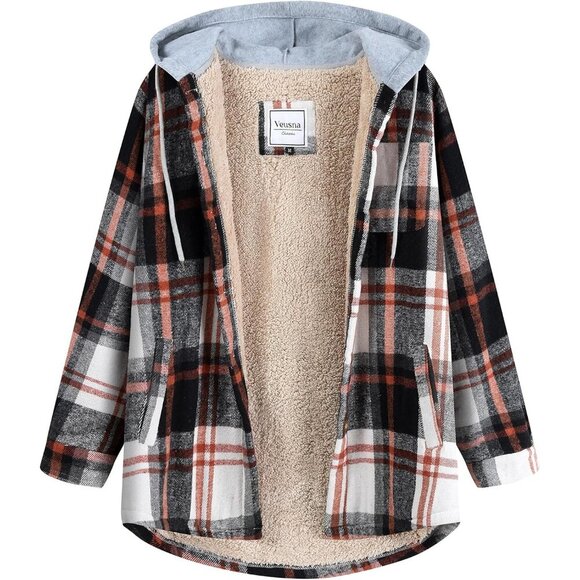 Luxurious Women's Plaid Flannel Hooded Shacket - Long Sleeve Fleece Jacket